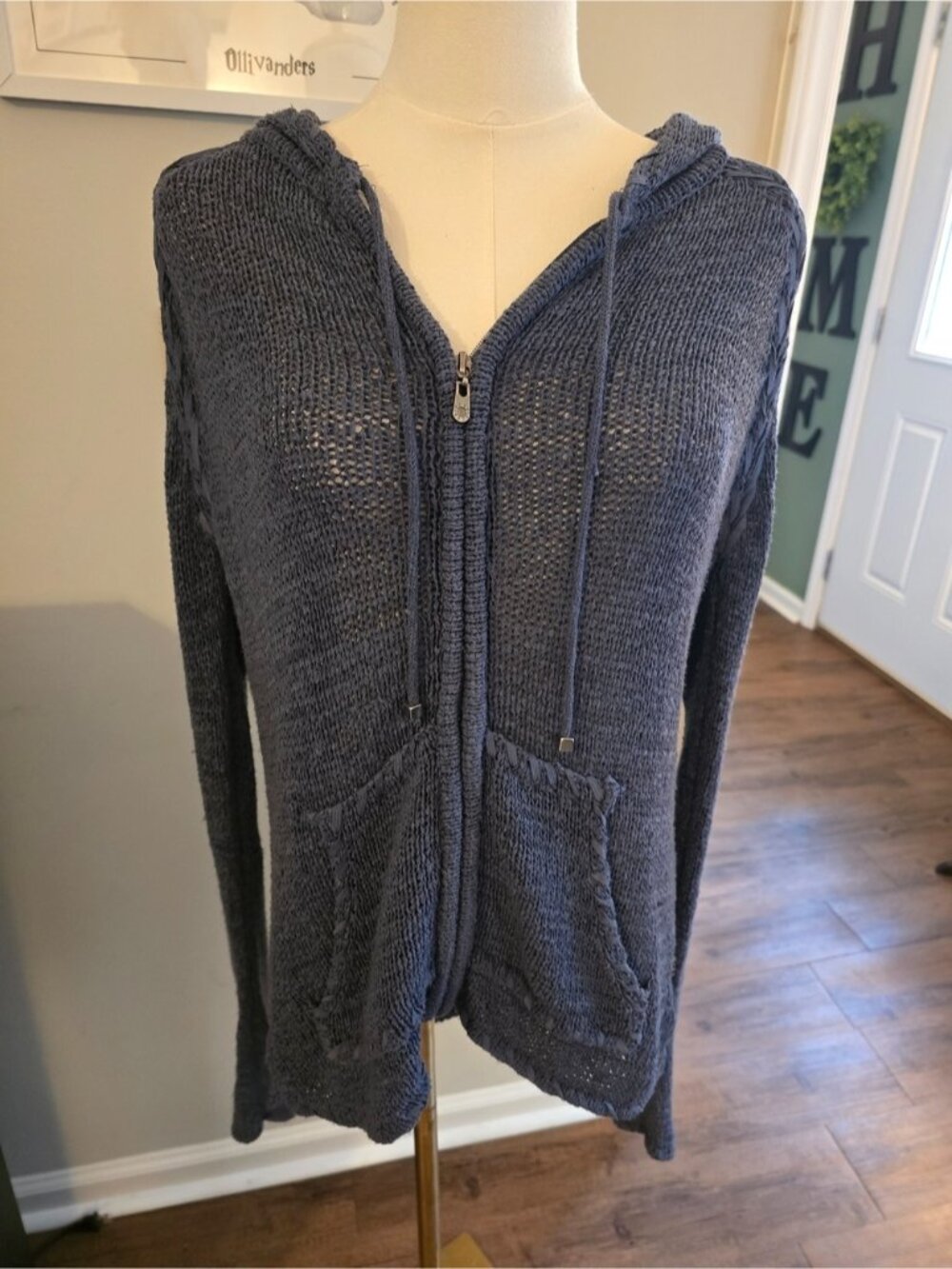 BCBGMaxAzria Navy Knit Zip Up Hooded Sweater